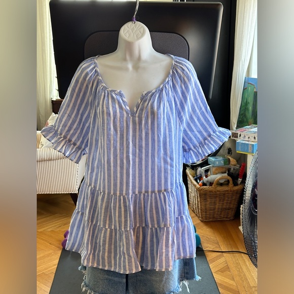 NWOT - BeachLunchLounge Linen Striped Peplum Top - large - blue & white stripe - Picture 4 of 10